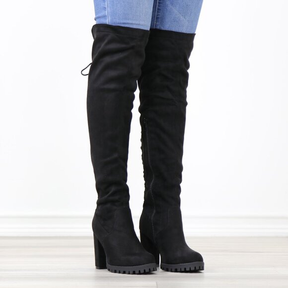 Full Lace-Up Back Black Faux Suede Thigh High Over The Knee Lug Block Heel Boots - Picture 2 of 14